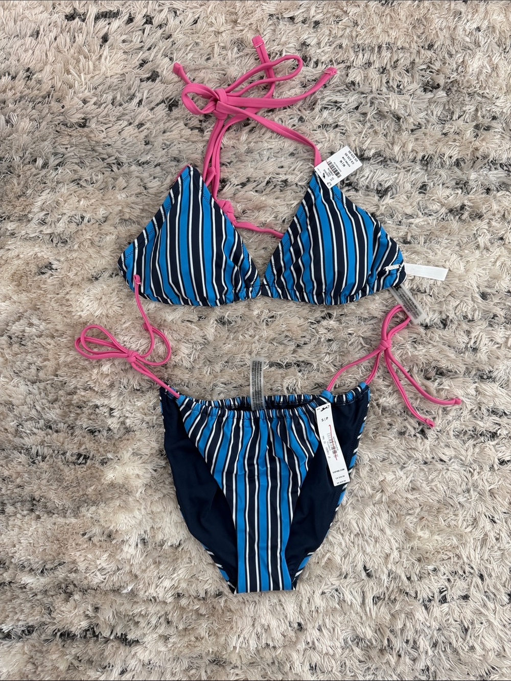 Victoria's Secret Blue Striped Bikini with Pink Ties